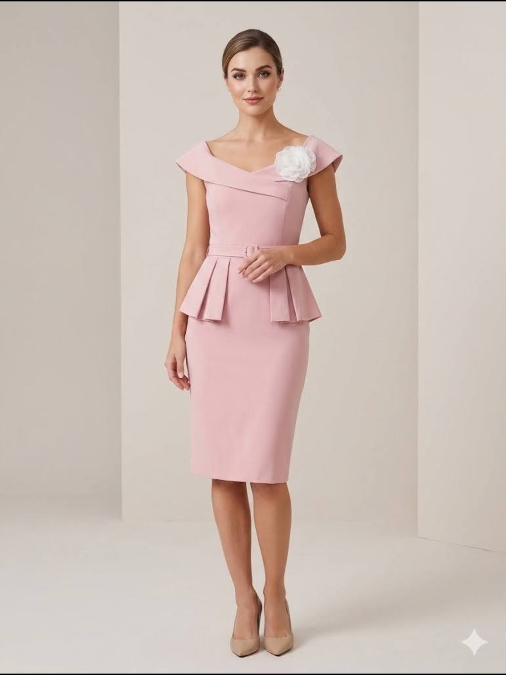 Fehaute Elegant Pink Peplum Sheath Dress with Floral Accent US6